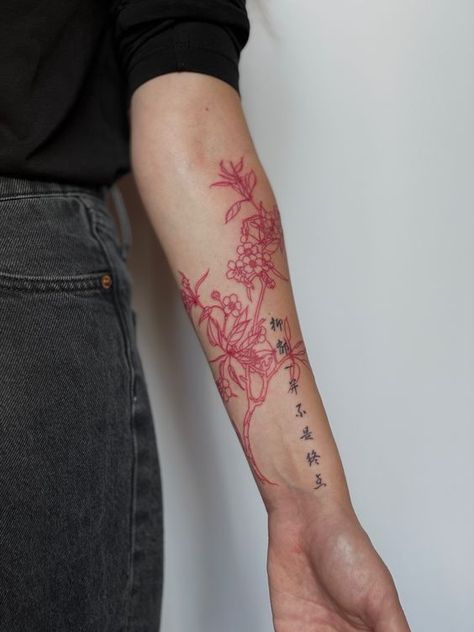 asian tattoo, cherry blossom Tattoo Cherry Blossom, Tattoo Cherry, Red Ink Tattoos, Asian Tattoos, Red Tattoos, Discreet Tattoos, Subtle Tattoos, Dope Tattoos, Little Tattoos