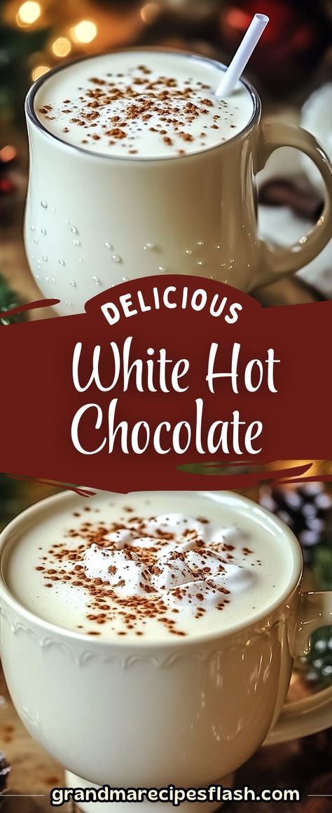 Indulge in a creamy, dreamy cup of Winter Wonderland White Hot Chocolate! This velvety treat is made with white chocolate, heavy cream, and topped with whipped cream and candy canes for a festive touch. Perfect for cozy nights by the fire or holiday gatherings Boozy White Hot Chocolate, Pioneer Woman White Hot Chocolate, Hot White Chocolate Mocha Recipe, White Hot Chocolate Crockpot, White Chocolate Hot Chocolate, Hot White Chocolate, Creamy Drinks, White Chocolate Cocoa, White Hot Chocolate Recipe