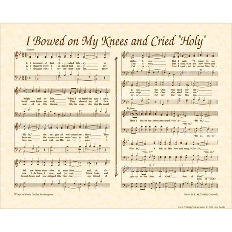 "\"I Bowed On My Knees And Cried Holy\" is an 8\" X 10\" original art print made with a hymn from a vintage hymnal with original artwork added, antiqued and printed on natural parchment in sepia tones or the other colors listed. The words of this worshipful hymn were written by Nettie Dudley Washington. The tune was composed by E. M. Dudley Cantwell. This illustrated print of music from an antique hymnal may be framed in a standard size 8\" X 10\" frame or get it matted with an 11\" X 14\" mat b Hymn Print, Christian Lyrics, Hymn Music, Hymn Sheet Music, Spiritual Music, Hymns Lyrics, Christmas Sheet Music, Sheet Music Art, Inspirational Songs