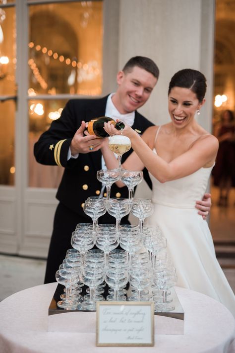 Military groom and bride pouring champagne in champagne tower wedding reception ideas Champagne Tower Wedding, Nye Wedding, Champagne Tower, Military Wedding, Weddings By Color, Wedding Inside, Contemporary Wedding, Champagne Wedding, Wedding Advice