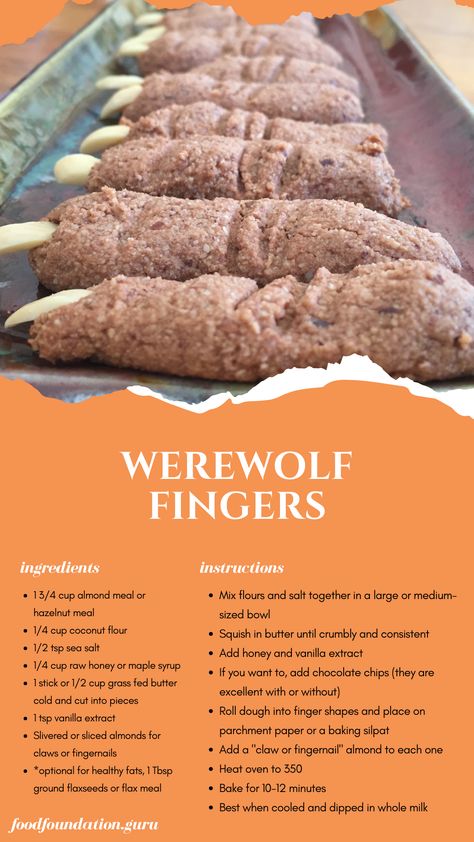 Recipe for Halloween cookies Party foods, Spooky, Scary, Werewolf fingers, gluten-free, sugar-free, family-friendly, Food Foundation, Healthy eating, Holiday healthy, Ideas for Halloween Werewolf Food Ideas, Werewolf Snacks, Werewolf Party Food, Werewolf Themed Food, Scary Werewolf, Orchard Ideas, Finger Cookies, Cookies Party, Healthy Halloween Treats