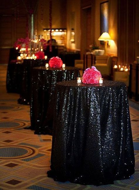 Wedding reception cocktail table decor ideas Wedding Cocktail Tables, Cocktail Table Decor, Flyer Inspiration, Black Tablecloth, Sequin Tablecloth, Sequin Table, Ship Wedding, Hollywood Party, Masquerade Party