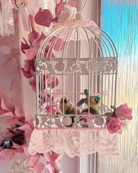 Gorgeous little bird cage upcycle. Bird cage was from a cosmetics set. I’ve added lace, ribbon and porcelain birds to make it a gorgeous decor piece. #theshabbychicy #shabbychicdecor #hangingdecor Aesthetic Bird Cage, Cute Bird Cage, Bird Cage Decor, Anime Decor, Cosmetic Sets, Pink Bird, White Bird, Lace Ribbon, Cute Birds