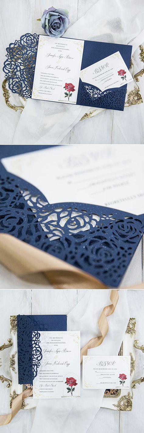 Beauty and the Beast navy blue laser cut pocket wedding invitation suites Fairy Tale Wedding Ideas, Beauty And The Beast Wedding Invitations, Beauty And The Beast Wedding Theme, Quince Pictures, Beauty And The Beast Wedding, Beauty And Beast Wedding, Wedding Invitation Suites, Being A Princess, Beauty And The Beast Theme