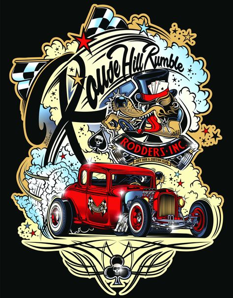 "Rodders Inc." - AUS on Behance Race Car Design Graphics, Мотоциклы Harley Davidson, Arte Pin Up, Rockabilly Art, Transportation Art, Cnc Art, Cool Car Drawings, Logo Pin, Automotive Artwork