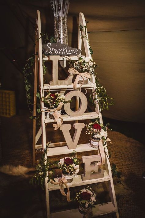 vintage step ladder display ideas with wooden LOVE letters , mason jars and flowers Old Ladder, Rustic Wedding Decorations, Winter Wedding Decorations, Rustic Wedding Signs, Rustic Country Wedding, Rustic Wedding Decor, Christmas Wedding, Wedding Themes, Chic Wedding