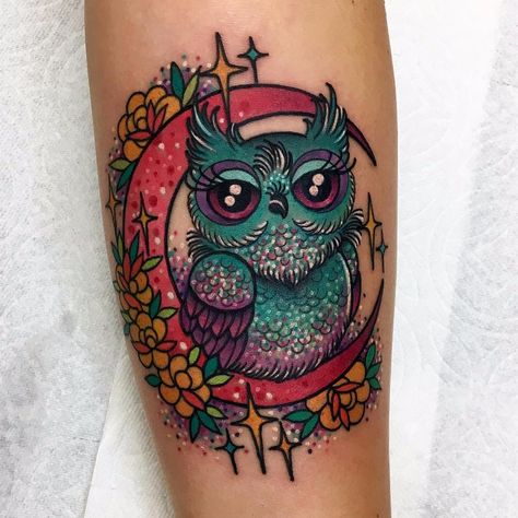 Simple Owl Tattoo, Baby Owl Tattoos, Watercolor Owl Tattoos, Colorful Owl Tattoo, Owl Tattoo Drawings, Cute Owl Tattoo, Purple Tattoos, Owl Tattoo Design, Tattoo Now