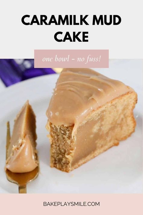 The easiest and most delicious melt and mix Caramilk Mud Cake. A one-bowl, no-fuss recipe that takes just 15 minutes to prepare. The moist mud cake is made with melted Caramilk chocolate and topped with a Caramilk ganache icing... the perfect cake for Caramilk lovers! #caramilk #cake #mudcake #recipe #thermomix #conventional #meltandmix Giant Cookie Cake, Caramel Mud Cake, White Chocolate Mud Cake, Cinnamon Tea Cake, Chocolate Buttercream Recipe, Mud Cake Recipes, Ganache Icing, Chocolate Mud Cake, Cinnamon Tea