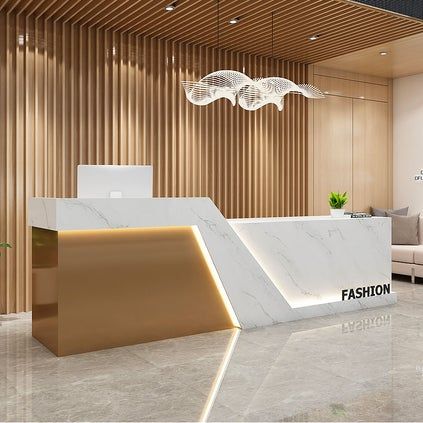 Illuminated Reception Desk, Salon Reception Counter, Reception Desk Salon, Marble Reception Desk, Modern Reception Counter, Marble Reception, Office Reception Table Design, Modern Reception Desk Design, Office Counter Design