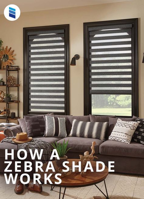 If you're looking for something that provides the style of shades and the practicality of blinds, zebra window shades can be a good option. Also called dual sheer shades, these great window treatments provide the best of both worlds. To see if they're right for you, take a look at how they're made and how they work. Industrial Window Treatments, Layered Shades, Bali Blinds, Zebra Shades, Zebra Blinds, Sheer Shades, Window Treatments Living Room, Faux Wood Blinds, Bamboo Shades