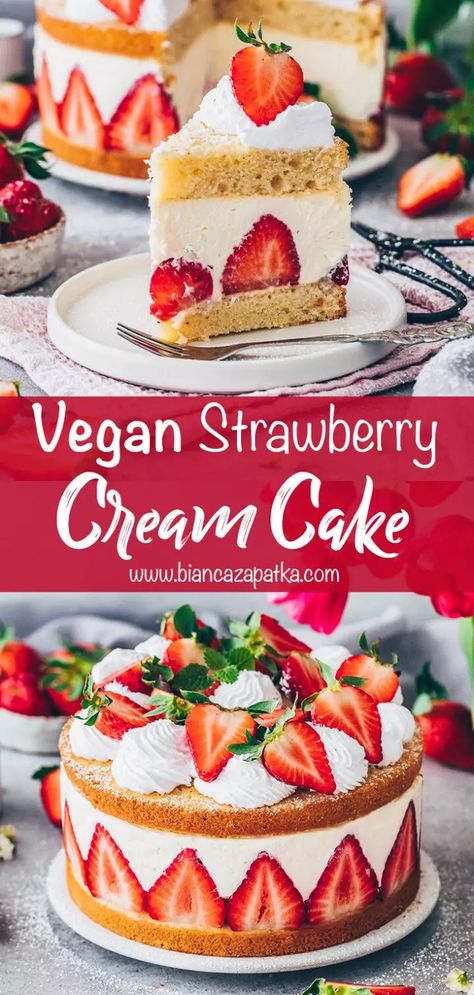 Vegan Vanilla Strawberry Cake, Vegan Strawberries And Cream Cake, Vegan Cream Cake, Vegan Cake With Fruit, Vegan Strawberry And Cream Cake, Vegan Strawberry Dessert, Strawberry Recipes Vegan, Strawberry Vegan Cake, Vegan Summer Desserts