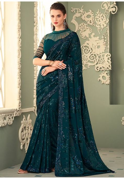 Morpich Sequined Georgette Designer Saree Saree Wedding Guest, Bridal Party Colors, Wedding Reception Saree, Bollywood Sarees Online, Saris Indian, Latest Bridal Lehenga Designs, Reception Saree, Wedding Sarees Online, Georgette Saree With Blouse