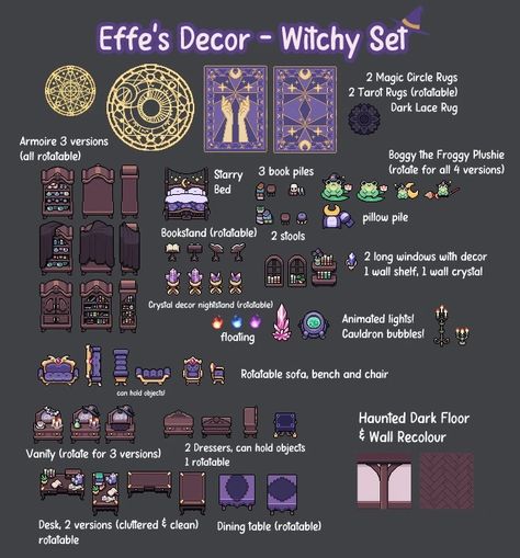 Effe's Decor - Witchy at Fields of Mistria Nexus - Mods and community Stardew Valley Witchy Farm, Fields Of Mistra, Sun Haven Game, Stardew Valley Furniture Mod, Fields Of Mistria, Stardew Valley Mods, Stardew Mods, Stardew Valley Tips, Stardew Valley Farms