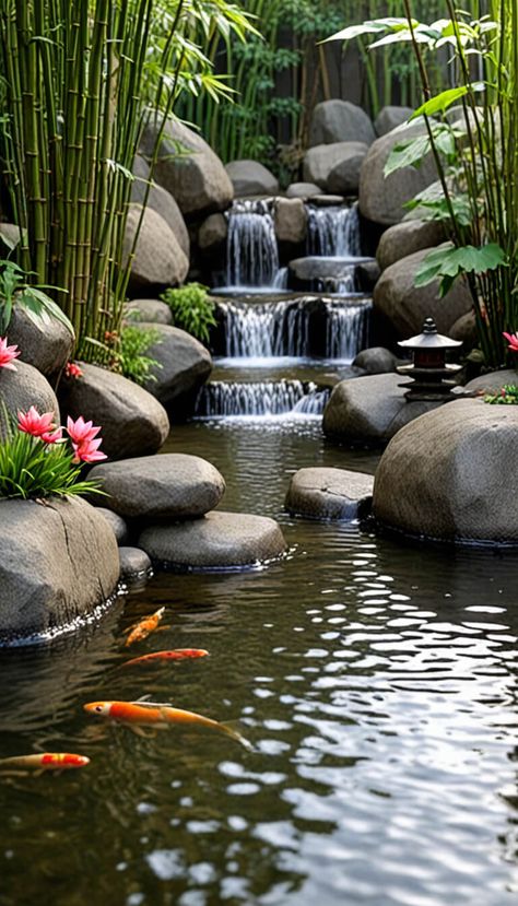 Japanese zen garden and koi fish - AI creation Koi Fish Pond Aesthetic, Fish Pond Aesthetic, Jardin Zen Interior, Steampunk Pictures, Japanese Koi Pond, Pond Aesthetic, Zen Wallpaper, Japanese Zen Garden, Zen Moments