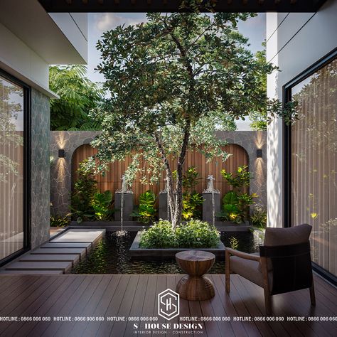 ARCHITECTURAL DESIGN OF MODERN TOWNHOUSE on Behance Indoor Landscape Design Internal Courtyard, Courtyard House Modern, Inner Garden Design, Courtyard Design Landscape, Inner Courtyard Design, Modern Courtyard Design, Courtyard Landscape Design, Townhouse Courtyard, Villa Garden Design