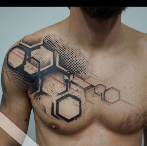 Chest Tattoo Designs For Men, Biomech Tattoo, Tatuaje Trash Polka, Hexagon Tattoo, Tech Tattoo, Honeycomb Tattoo, Trash Polka Tattoo Designs, Tattoo Trash, Cyberpunk Tattoo