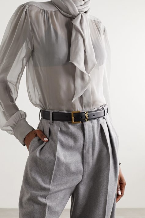 Grey Blouse Outfit, Silk Blouse Outfit, Saint Laurent Belt, Saint Laurent Blazer, Silk Outfit, Georgette Blouse, Gray Silk, Grey Blazer, Triangle Bra