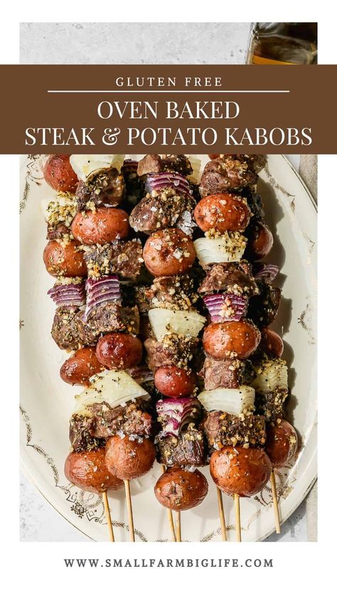 This easy recipe for oven baked steak and potato kabobs makes a quick meal! The skewers are stacked with beef steak, onions and baby red potatoes. Each kabob is brushed with a rosemary oil mixture that gives them lots of flavor. #glutenfree #recipe Easy Kabobs In The Oven, Steak Kebabs In The Oven, Oven Beef Kabobs, Steak And Red Potatoes, Sirloin Kabob Recipes, Oven Skewers Kabob Recipes, Baked Kebab Recipes, Oven Kebab Recipes, Shiskabob Recipes Oven