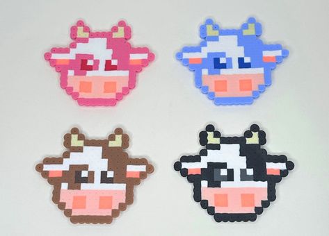 Perler Bead Cow, Perler Bead Ornaments Pattern, Alt Crafts, Mini Cows, Fusion Beads, Perler Crafts, Beads Designs, Cow Head, Cute Cow