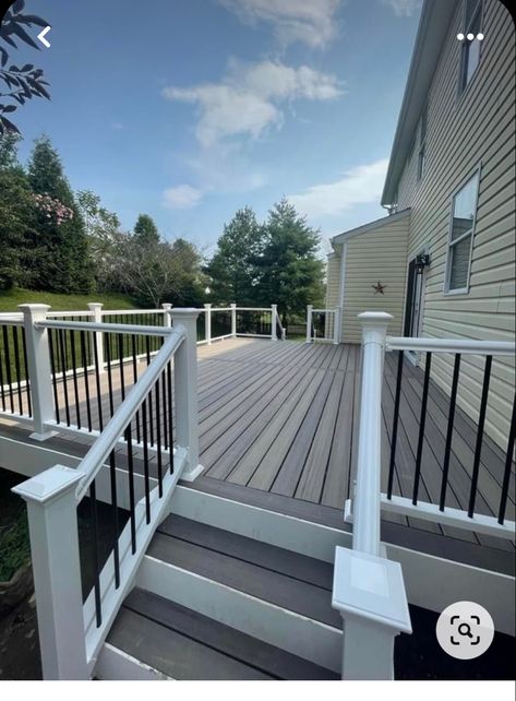 Grey Trex Deck With White Railing, White House Deck Color, Deck Colors For Tan House, Mobile Home Deck Ideas, Trex Steps, Deck Off Back Of House, Yard Garden Design, Deck Renovation, Deck Railing Ideas