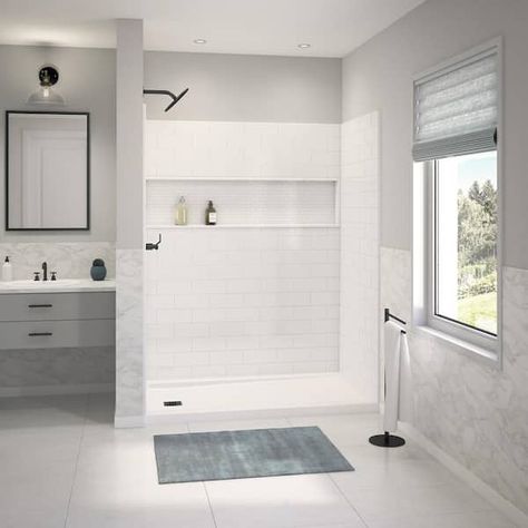 Bootz Industries Nextile 60 in. W x 74 in. H x 30 in. D 4-Piece Direct-to-Stud Alcove Subway Tile Shower Wall Surround in White Z041-6000-00 - The Home Depot One Piece Shower Surround Ideas, Prefab Showers, Shower Insert Ideas, Shower Stall Kits, Subway Tile Design, Shower Wall Kits, Subway Tile Showers, Shower Inserts, Fiberglass Shower