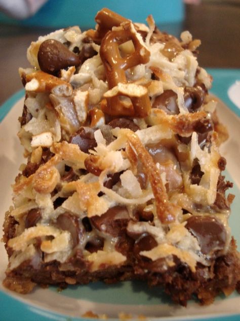 There are many names for these bars & many variations, so naturally, I love this type of recipe.  You can change anything you want & make it yours.  These bars are known as magic bars, kitc… Pretzel Magic Bars, Magic Bars, Caramel Pretzels, Eat Dessert First, Yummy Sweets, How Sweet Eats, Eat Dessert, Sweets Desserts, Decadent Desserts