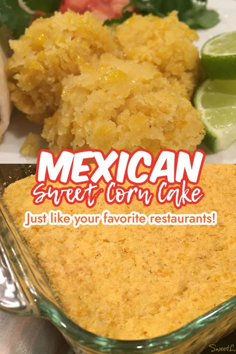 This is a two photo collage. The top picture shows rounded scoops of the sweet corn cake. The Bottom photo shows the sweet corn cake in a square clear glass baking dish after baking.