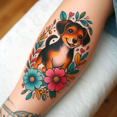 Field Of Flowers Tattoo, Dog Portrait Tattoo Flowers, Dog Portrait Tattoo, Standing In A Field, Puppy Flowers, Colorful Tattoo, Perfect Tattoo, A Field Of Flowers, Flowers Tattoo