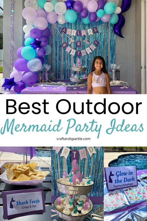 Mermaid Bbq Party, Homemade Mermaid Party Decorations, Mermaid Party On A Budget, Outside Mermaid Birthday Party, Mermaid Water Party, Five Year Old Mermaid Party, Mermaid Party Theme Ideas, Dive Into Five Birthday Decorations, Printable Mermaid Party Decorations