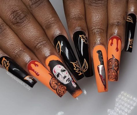 Michael Myers’s Nails, Spooky Season Nails Acrylic, Pumpkin Nails Acrylic, Michael Myers Nails, Bat Nails, Black Halloween Nails, Halloween Nails Diy, Horror Nails, Holloween Nails