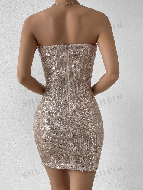 1pc Sequin Tube Bodycon Dress Tube Bodycon Dress, Sequin Gown, Dress Gold, Dress For Short Women, Tube Dress, Dress P, Gold Glitter, Sequin, Short Dresses