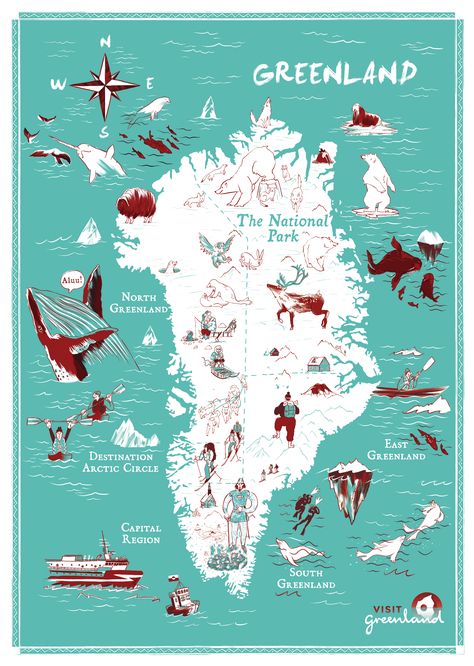 Our Arctic island is filled with cool places to go and things to do. Check out the link to explore the regions and towns around Greenland and dig deeper into the experiences in each destination!  - Graphic design by Igor Kubik - Visit Greenland Greenland Animals, Greenland Map, Nuuk Greenland, Greenland Travel, Map Projects, Dig Deeper, Arctic Circle, Winter Scenery, Illustrated Map