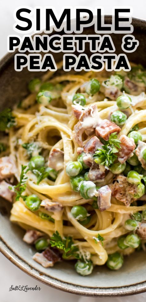 Panchetta Recipes, Pea Pasta, Pancetta Recipes, Pancetta Pasta, Cream Sauce Pasta, Pasta With Peas, Garlic Cream Sauce, Carbonara Recipe, Pea Recipes