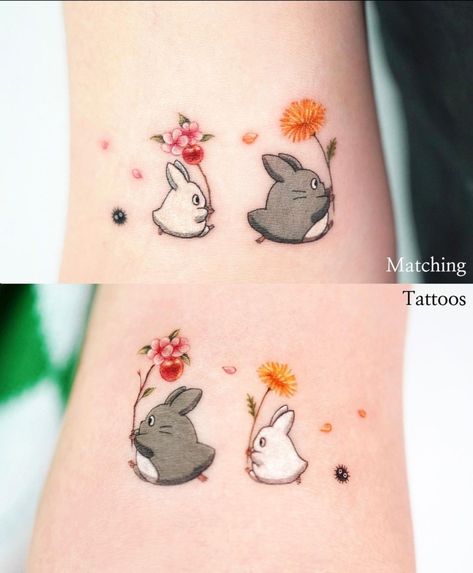 Matching Tattoos Ghibli, Studio Ghibli Sister Tattoo, Totoro Matching Tattoo, Anime Sister Tattoos, Matching Totoro Tattoos, Matching Tattoos Studio Ghibli, Small Totoro Tattoo, Matching Ghibli Tattoos, Studio Ghibli Matching Tattoo