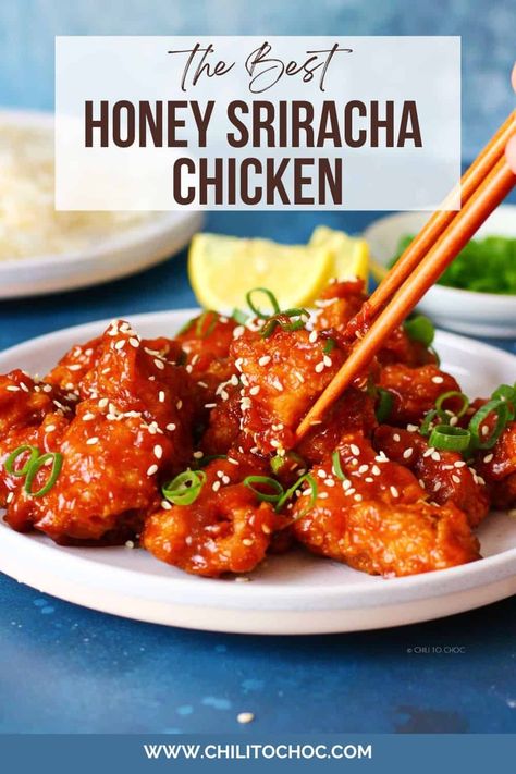 Honey Sriracha Chicken - Chili to Choc Honey Garlic Sriracha Chicken, Honey Siracha Chicken, Spicy Asian Chicken, Sriracha Recipes, Crispy Chicken Burgers, Honey Sriracha Chicken, Sriracha Chicken, Honey And Soy Sauce, Sweet And Spicy Sauce