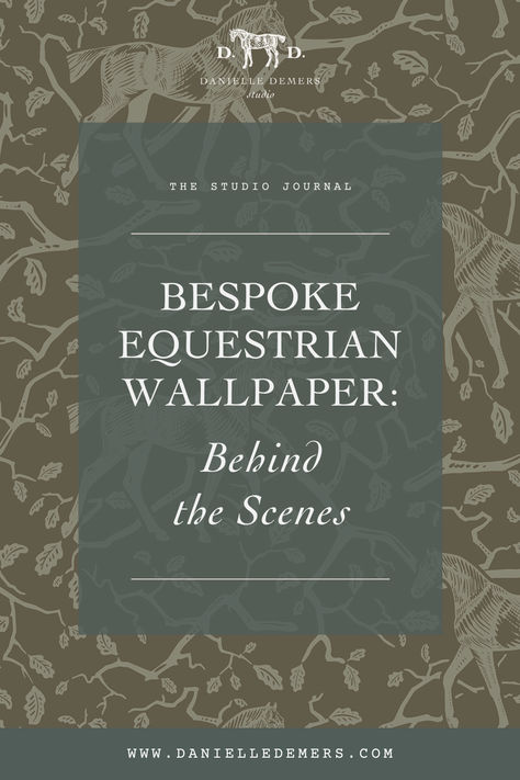 "The Studio Journal: Bespoke Equestrian Wallpaper: Behind the Scenes" blog post text laid over an image featuring "Amongst the Oaks" horse exploring nature, large motif wallpaper in green clay. Horse Style Bedroom, Equestrian Toile Wallpaper, Vintage Equestrian Wallpaper, Equestrian Decor Interior Design, Equestrian Home Aesthetic, Fox Hunting Aesthetic, Vintage Western Aesthetic Wallpaper, Ralph Lauren Aesthetic Wallpaper, Equine Wallpaper