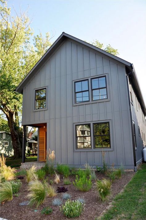 Farmhouse Exterior One Story, Modern Farmhouse Exterior One Story, Board And Batten Exterior, Designing A Home, White Siding, Siding Options, Gray House, Board And Batten Siding, Shutters Exterior