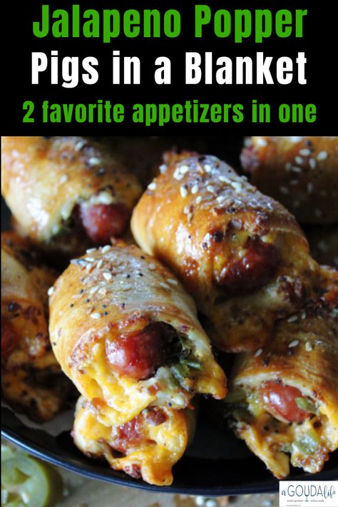 BEST Jalapeno Popper Pigs in a Blanket - the perfect combination of 2 wildly popular appetizers! Li'l smoky links wrapped in crescent dough with two kinds of cheese, pickled jalapenos and crispy bacon bits baked until golden. There are NEVER leftovers of this appetizer. #jalapenopopper #pigsinablanket #jalapenopopperpigsinablanket #gameday #gamedayrecipe #superbowl #superbowlrecipe #bestsuperbowlrecipe #footballfood #agoudalife Popper Pigs In A Blanket, Best Jalapeno Poppers, Best Superbowl Food, Pickled Jalapenos, Spicy Appetizers, Poppers Recipe, Popular Appetizers, Fall Appetizers, Bagel Seasoning