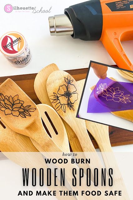 How to Burn Wooden Spoons and Make them Food Safe Wooden Spoon Diy, Spoons Diy, Old Wood Projects, Beginner Wood Burning, Wood Burn Spoons, Wood Burning Tips, Wood Burning Patterns Stencil, Silhouette School Blog, Wood Burning Techniques