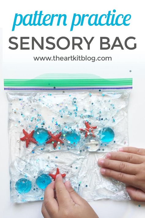 Ocean Sensory Bag for Pattern Practice {A fun quiet time activity for kids!} via @The Art Kit | Arts and Crafts + Kids Activities Pattern Practice, Ocean Sensory, Sensory Bag, Sensory Bags, Time Activity, Sensory Crafts, Quiet Time Activities, Sensory Activity, Sea Crafts