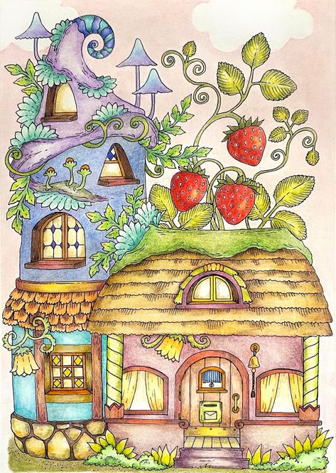 Fairy Cottage Drawing, Cottage Drawing Fairytale, Cute House Drawing, Whimsical Buildings, Fairytale Drawings, Cottage Drawing, Town Drawing, Pan Pastels, Piskel Art