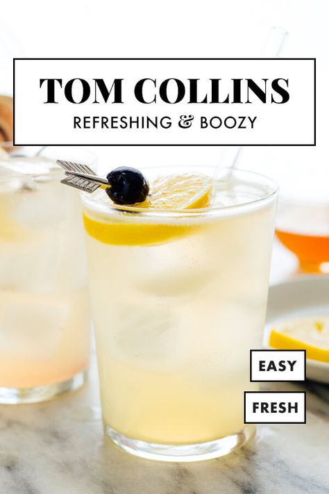 This Tom Collins recipe is the best! Tom Collins cocktails are made with gin, lemon, club soda and simple syrup. They're fizzy, refreshing, and even somewhat hydrating, so they're the perfect cocktail for warm days. #tomcollins #cocktail #summer #cookieandkate Club Soda Drinks, Tom Collins Drink, Tom Collins Drink Recipes, Tom Collins Recipe, Tom Collins Cocktail, Cookie And Kate, Collins Cocktail, Cocktail Summer, Gin Lemon