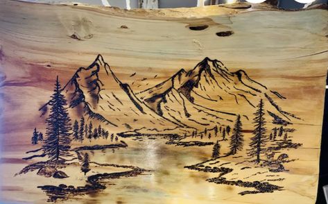 Wood Burn Art, Mountains Wood Burning, Wood Burning Art Patterns Mountains, Wood Burn Mountains, Wood Burning Landscape, Wood Burning Trees And Mountains, Pyrography Landscape, Wood Burning Mountain Scene, Wood Burned Mountain Scene