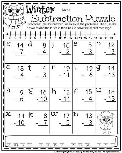 1st Grade January Worksheet - Subtraction Puzzle with a secret code. Narrative Writing Organizer, Easy Math, First Grade Math Worksheets, First Grade Worksheets, Subtraction Word Problems, School Homework, 1st Grade Math Worksheets, Printable Math Worksheets, Subtraction Worksheets