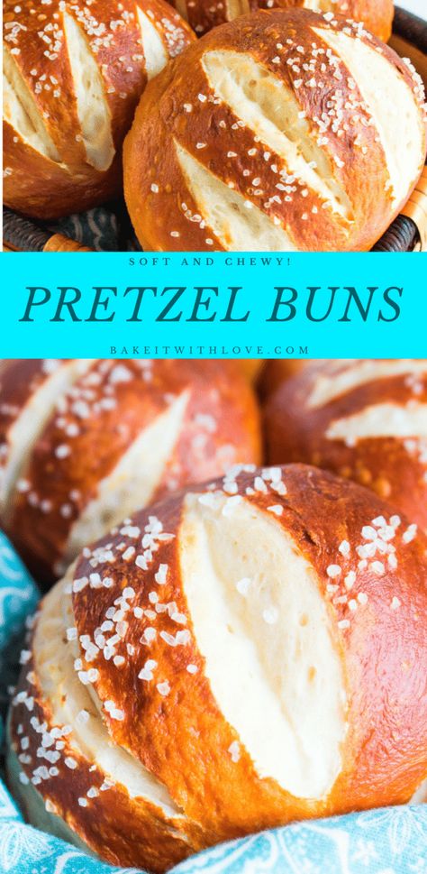 Pretzel Buns (perfect for burgers!) at bakeitwithlove.com Pretzels Homemade, Pretzel Bun Recipe, Pretzel Buns, Homemade Pretzel, Pretzel Rolls, Homemade Buns, Pretzel Bun, Homemade Pretzels, Grilled Burgers