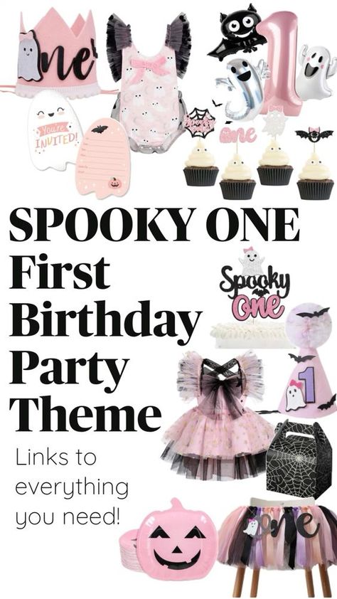 Halloween Spooky One 1st birthday party theme idea for girl. Decor and outfit inspo + more at link! Spooky One First Birthday Girl, Spooky One Birthday Party, Spooky One First Birthday, Girl Halloween Party, Spooky One Birthday, Spooky One, First Birthday Girl, Birthday Girl, First Birthday