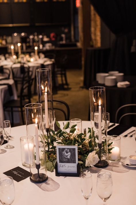 Photo By: Red Gallery Photography Black And White Photo Centerpieces, Black Candlestick Centerpieces, Black Tablecloth Wedding Centerpieces, Simple Candle Centerpieces Wedding, Black Tablecloth Wedding, Simple Candle Centerpieces, Industrial Modern Wedding, Photo Centerpieces, Modern Wedding Theme