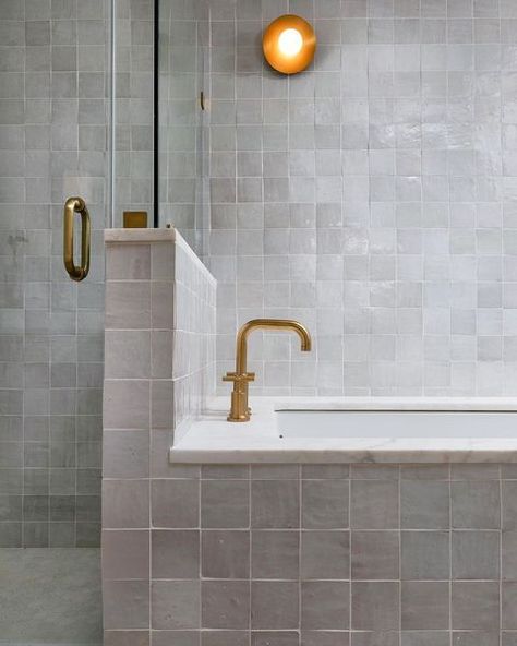 Zia Tile on Instagram: “50 shades of Pure White. Pictured here – Pure White zellige 4x4 Design by – @barleyandbarley + @christykosnic” Pearlescent Tiles, Apple House, Tile Bathrooms, Zia Tile, How To Lay Tile, House Ideas Modern, Drop In Tub, Pink Bras, Moroccan Zellige