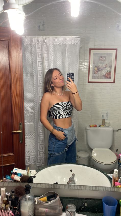 overalls outfit inspo // scarf top zebra // bathroom selfie Zebra Print Top Outfit, Zebra Corset Outfit, Summer Vacation Zebra Print Top, Zebra Crop Top Outfit, Zebra Outfit, Zebra Bathroom, Casual Sleeveless Zebra Print Top, Dinner Outfit Summer, Bathroom Selfie