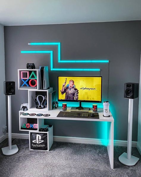 Gamrtalk® on Instagram: “By:@ralexxanderr 💬Did you keep Cyberpunk 2077 or return it?” Gamers Aesthetic, Game Night Aesthetic, Gamer Bedroom Ideas, Gaming Bedroom Ideas, Gamer Room Design, Cool Bedrooms For Boys, Aesthetic Gaming, Games Room Inspiration, Aesthetic Game